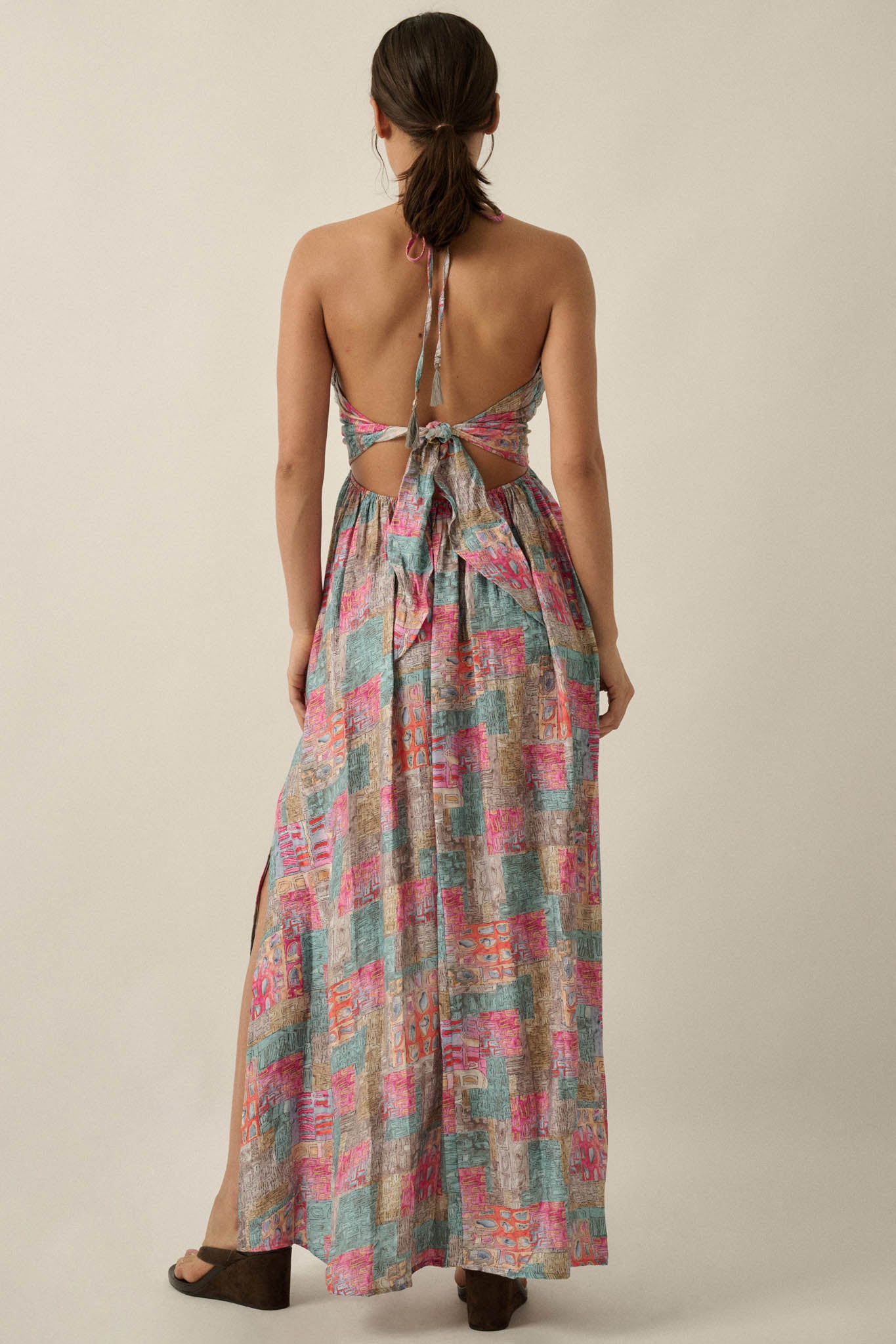 Mosaic Muse Abstract-Print Tie-Back Halter Maxi Dress - ShopPromesa
