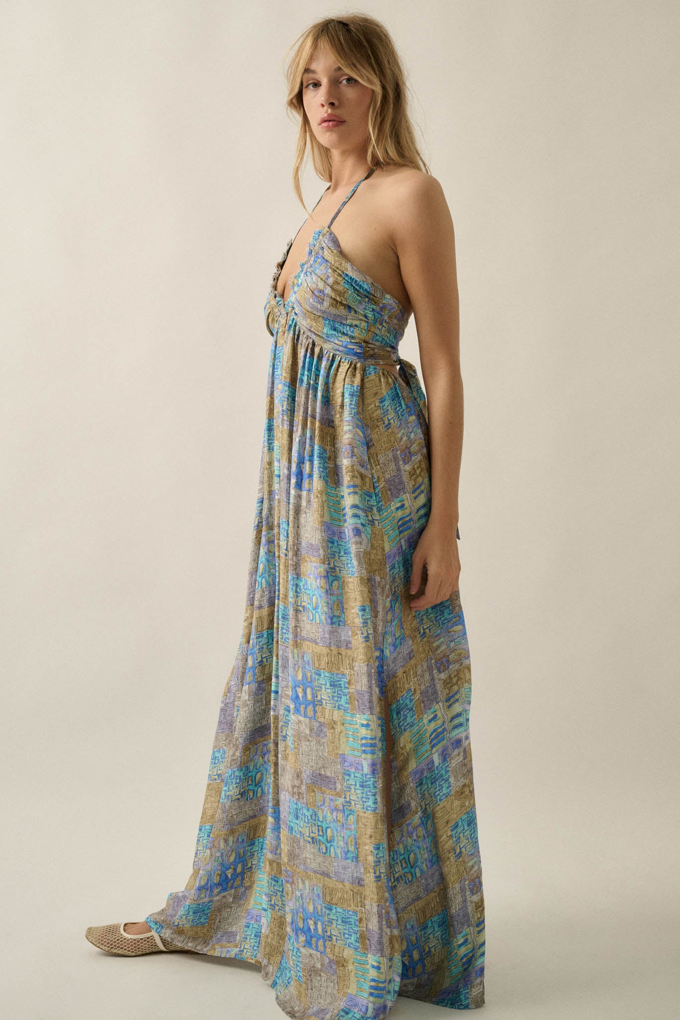 Mosaic Muse Abstract-Print Tie-Back Halter Maxi Dress - ShopPromesa