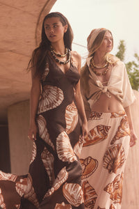 Mystic Lagoon Shell-Print Satin Open-Back Maxi Dress - ShopPromesa