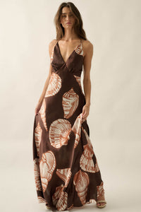 Mystic Lagoon Shell-Print Satin Open-Back Maxi Dress - ShopPromesa