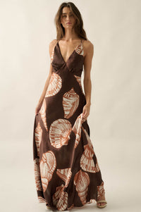 Mystic Lagoon Shell-Print Satin Open-Back Maxi Dress - ShopPromesa