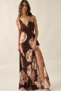 Mystic Lagoon Shell-Print Satin Open-Back Maxi Dress - ShopPromesa
