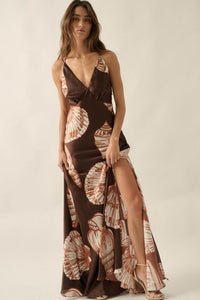 Mystic Lagoon Shell-Print Satin Open-Back Maxi Dress - ShopPromesa