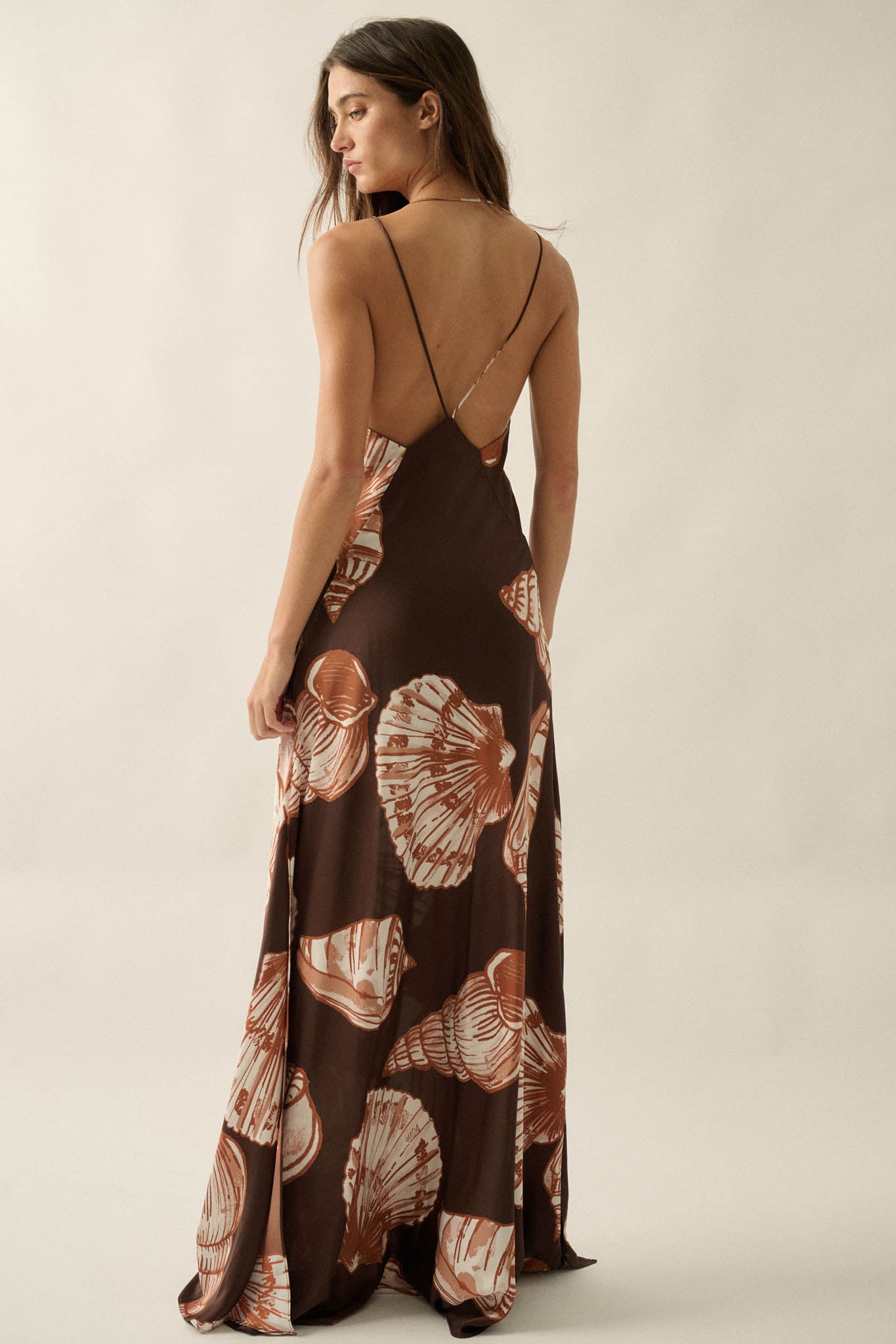 Mystic Lagoon Shell-Print Satin Open-Back Maxi Dress - ShopPromesa