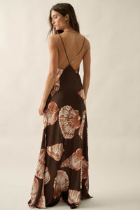 Mystic Lagoon Shell-Print Satin Open-Back Maxi Dress - ShopPromesa