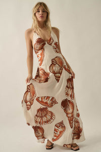 Mystic Lagoon Shell-Print Satin Open-Back Maxi Dress - ShopPromesa