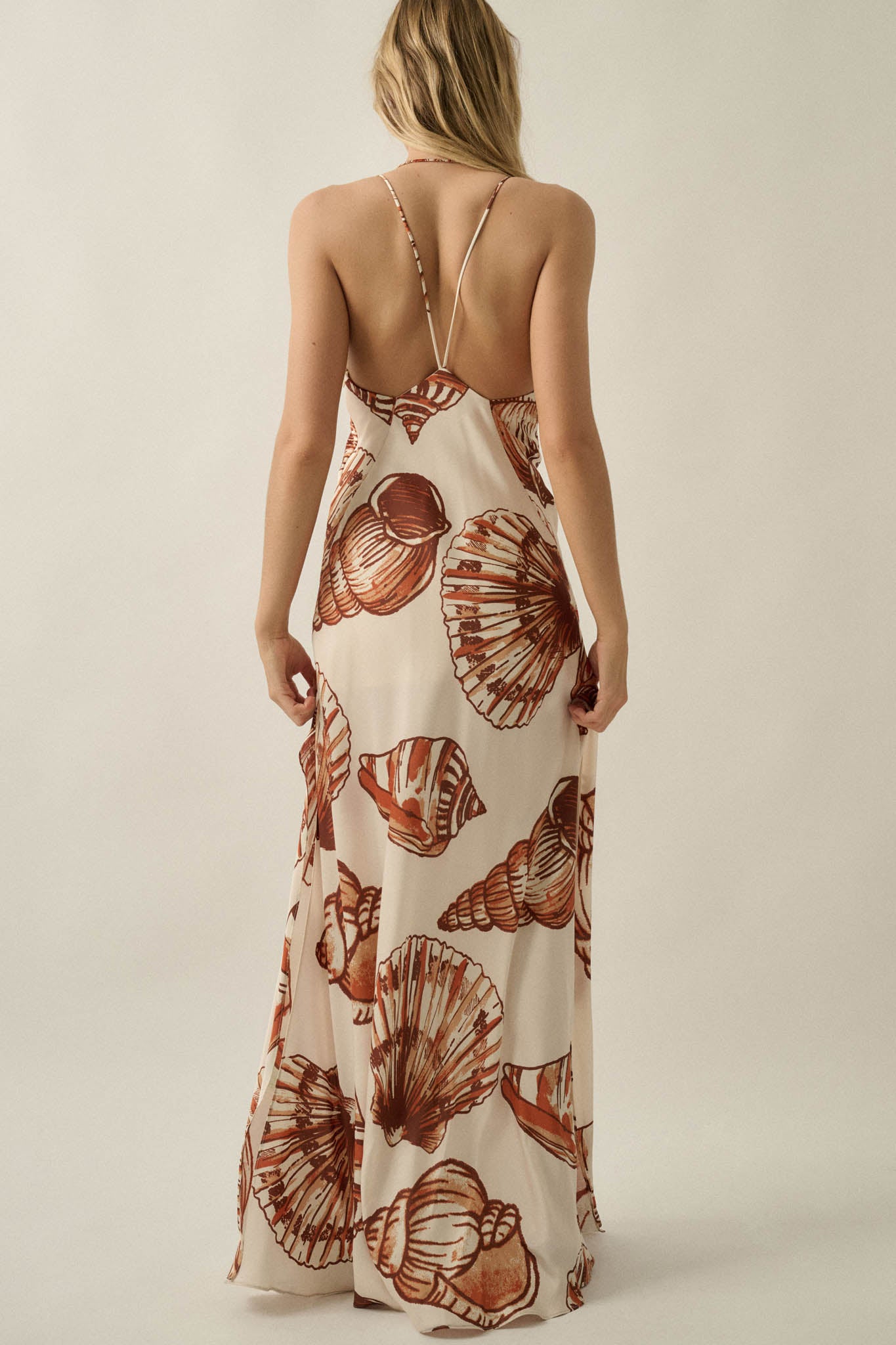 Mystic Lagoon Shell-Print Satin Open-Back Maxi Dress - ShopPromesa