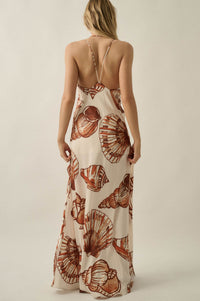 Mystic Lagoon Shell-Print Satin Open-Back Maxi Dress - ShopPromesa