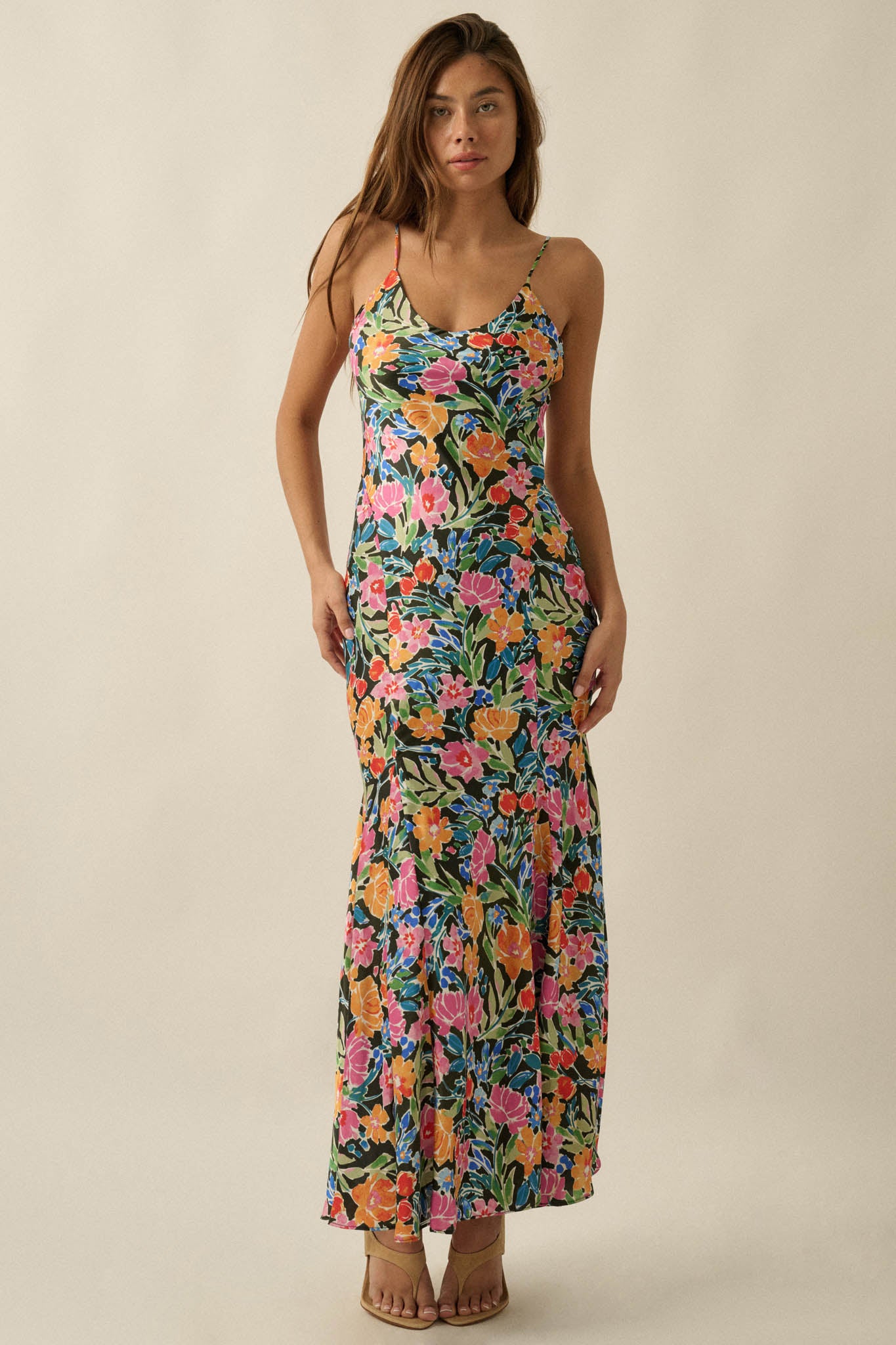 Brightly Blooming Floral Satin Cami Maxi Dress - ShopPromesa
