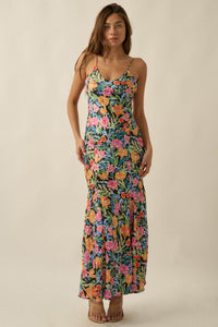 Brightly Blooming Floral Satin Cami Maxi Dress - ShopPromesa
