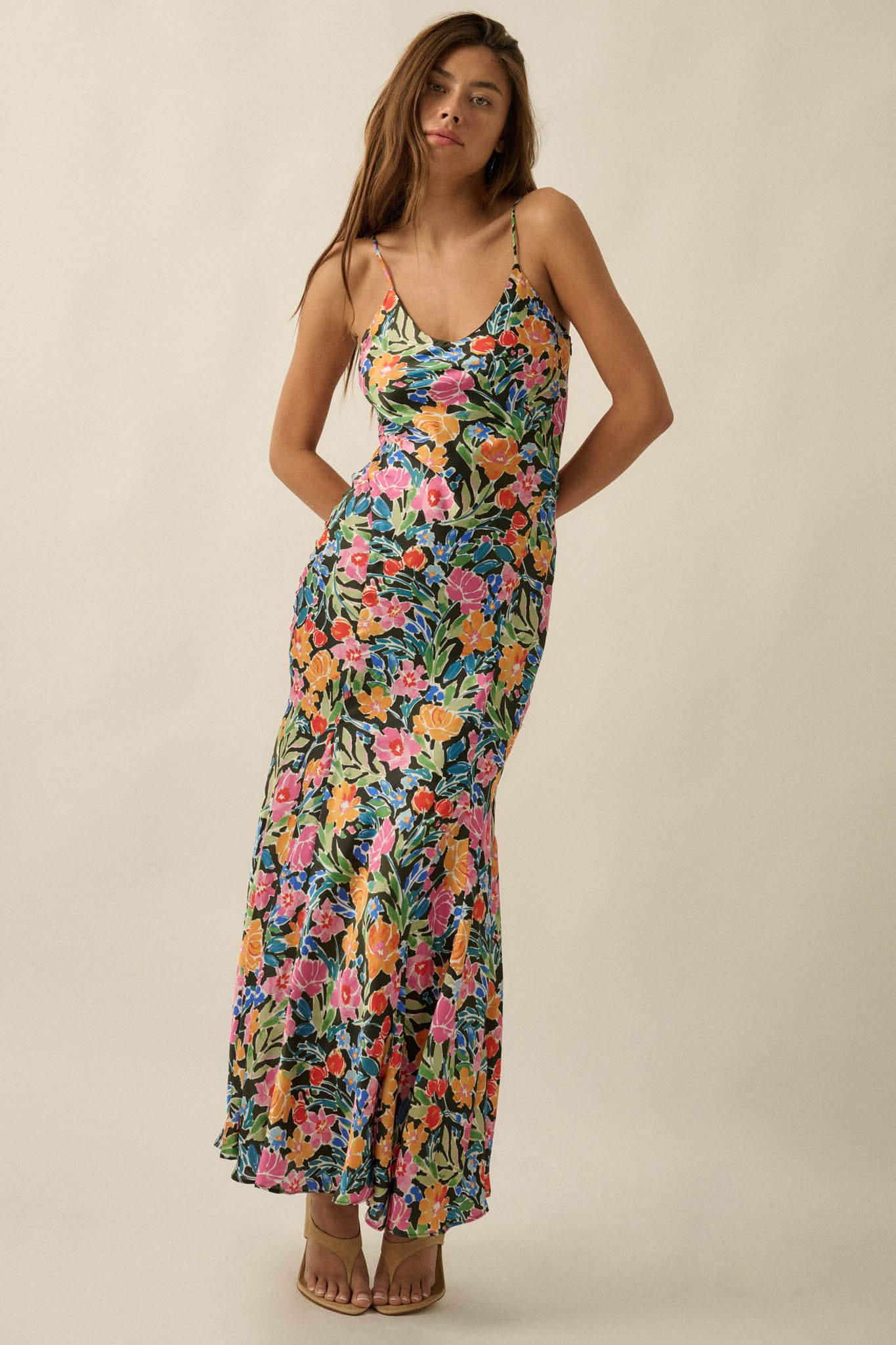 Brightly Blooming Floral Satin Cami Maxi Dress - ShopPromesa