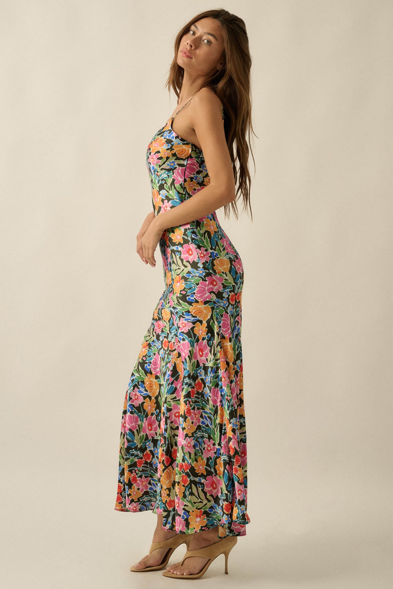 Brightly Blooming Floral Satin Cami Maxi Dress