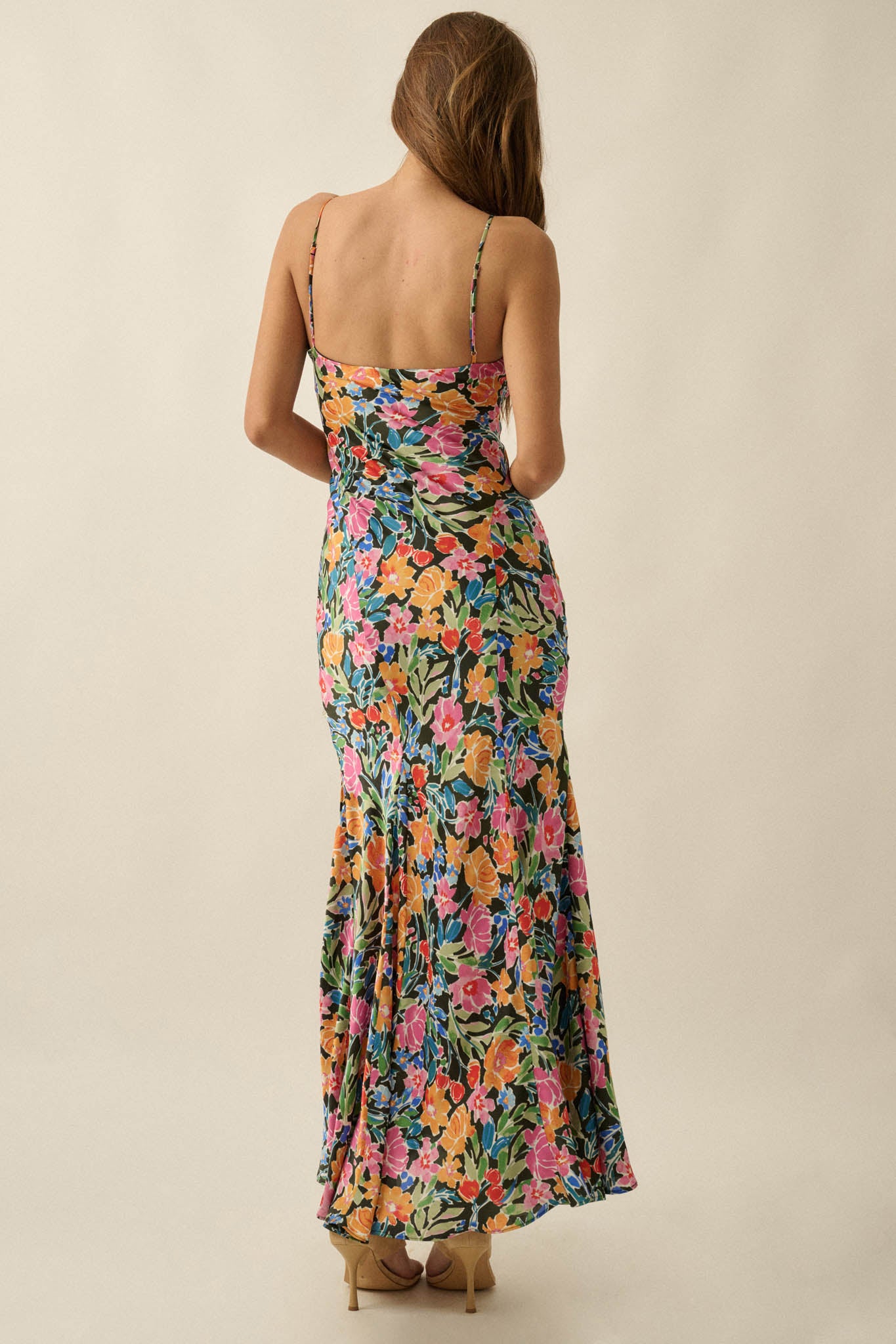Brightly Blooming Floral Satin Cami Maxi Dress - ShopPromesa