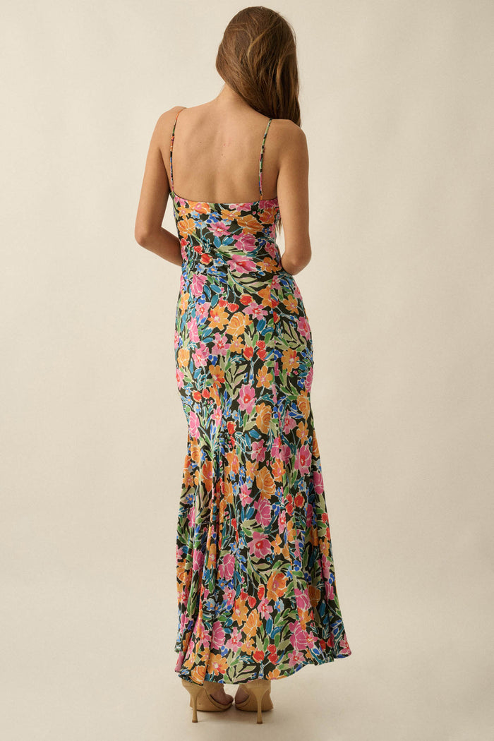 Brightly Blooming Floral Satin Cami Maxi Dress - ShopPromesa