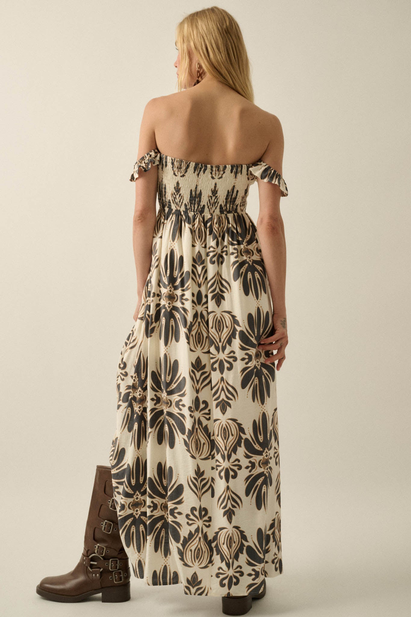 Life of Luxury Ornate-Print Off-Shoulder Maxi Dress - ShopPromesa