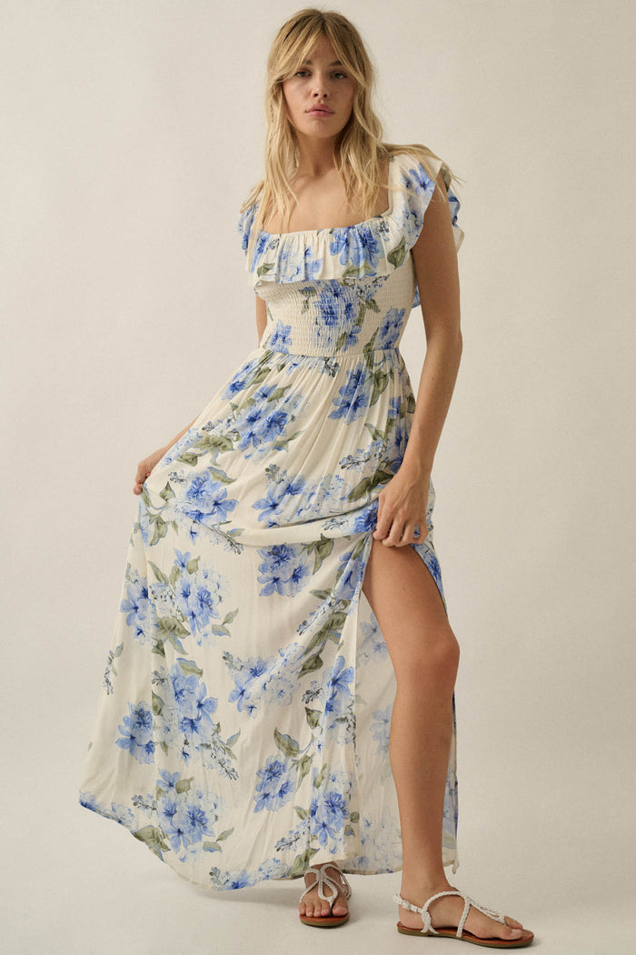 Elegant Garden Floral Smocked Off-Shoulder Maxi Dress - ShopPromesa