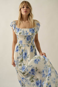 Elegant Garden Floral Smocked Off-Shoulder Maxi Dress - ShopPromesa