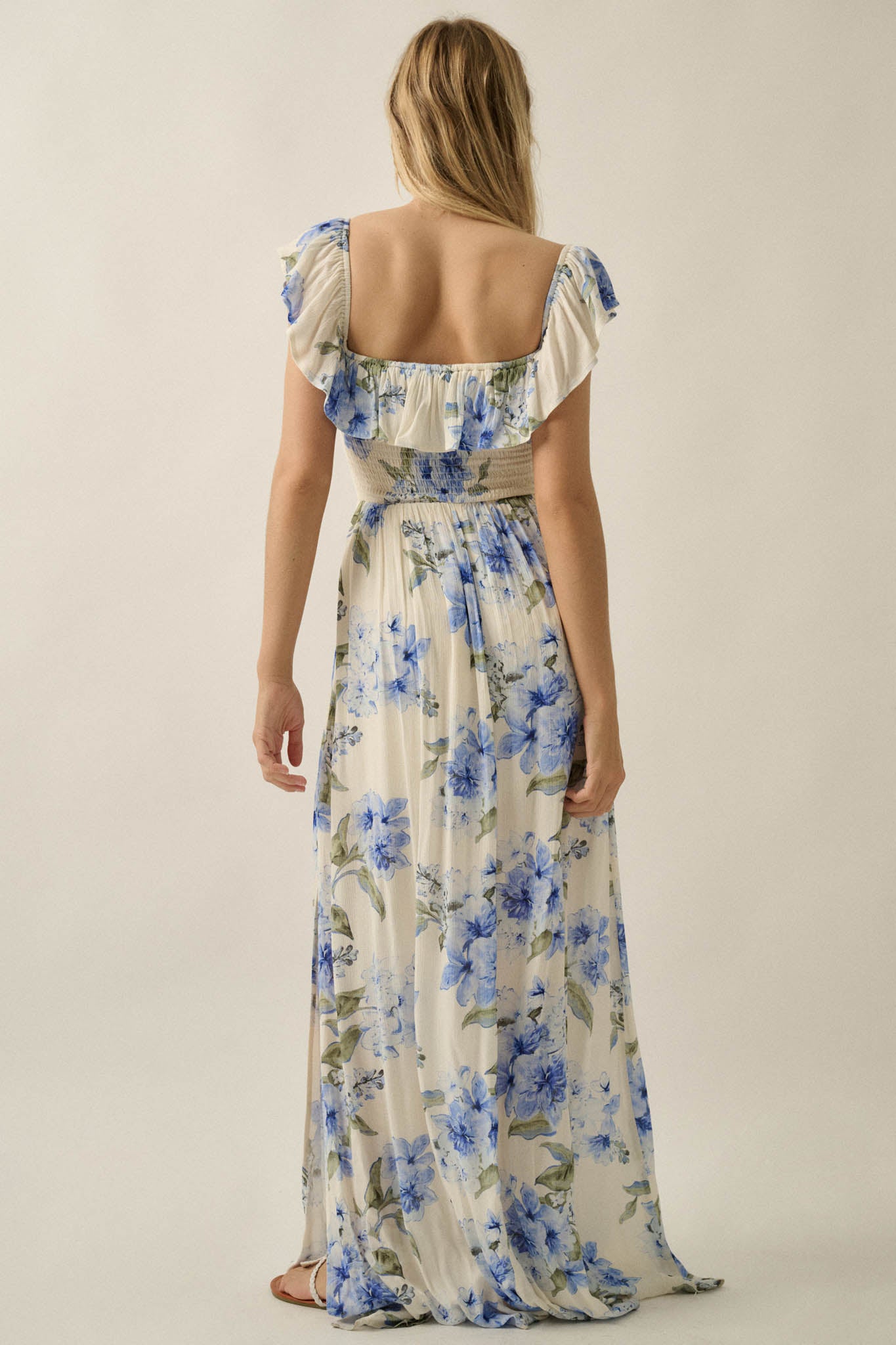Elegant Garden Floral Smocked Off-Shoulder Maxi Dress - ShopPromesa