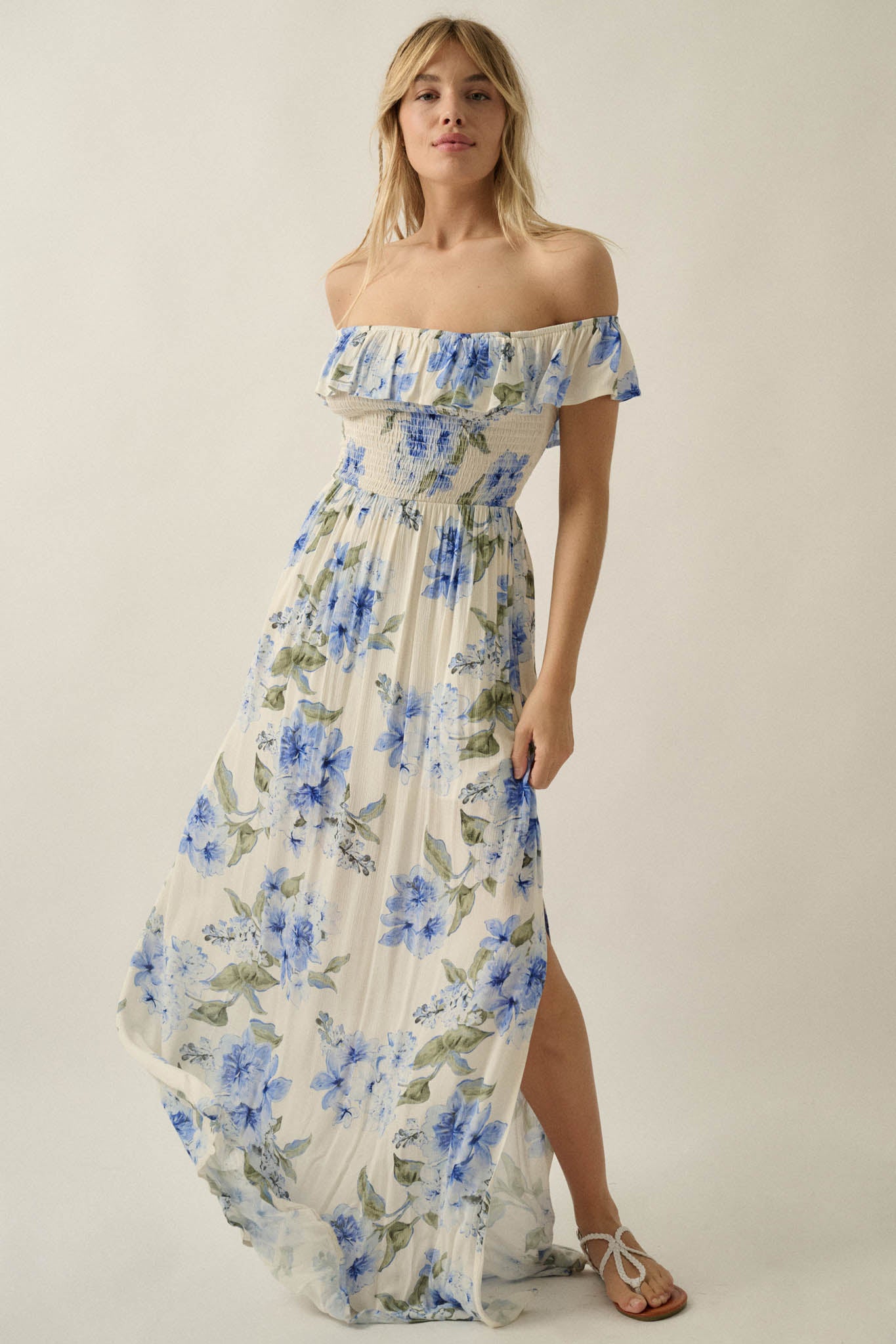 Elegant Garden Floral Smocked Off-Shoulder Maxi Dress - ShopPromesa