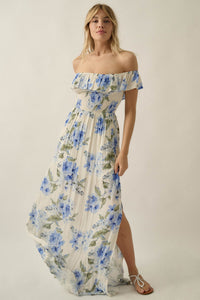 Elegant Garden Floral Smocked Off-Shoulder Maxi Dress - ShopPromesa