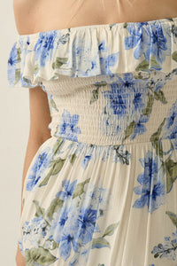 Elegant Garden Floral Smocked Off-Shoulder Maxi Dress - ShopPromesa