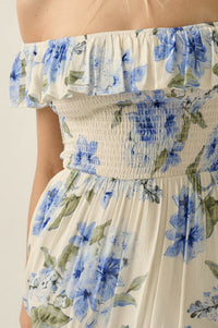 Elegant Garden Floral Smocked Off-Shoulder Maxi Dress - ShopPromesa