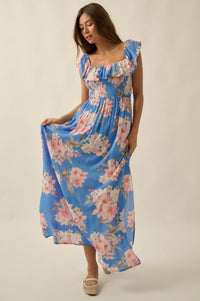 Elegant Garden Floral Smocked Off-Shoulder Maxi Dress - ShopPromesa