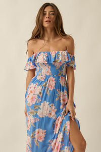 Elegant Garden Floral Smocked Off-Shoulder Maxi Dress - ShopPromesa