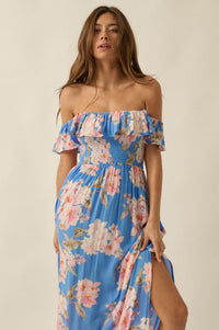 Elegant Garden Floral Smocked Off-Shoulder Maxi Dress - ShopPromesa