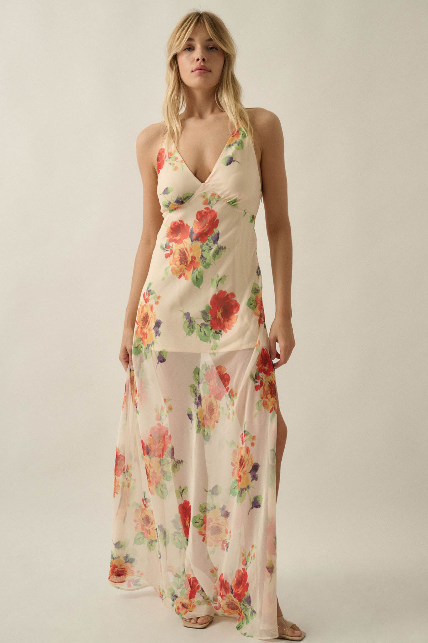 Enchanting Blooms Floral Chiffon Open-Back Maxi Dress - ShopPromesa