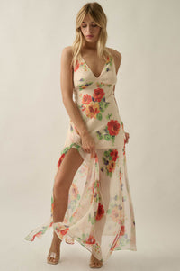 Enchanting Blooms Floral Chiffon Open-Back Maxi Dress - ShopPromesa