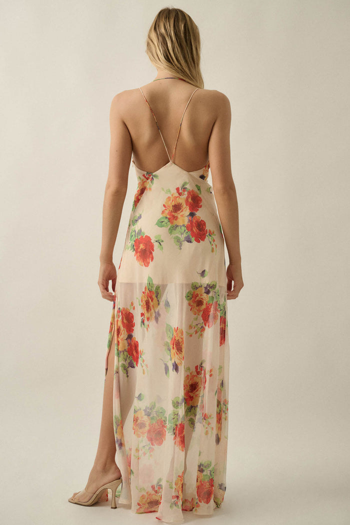 Enchanting Blooms Floral Chiffon Open-Back Maxi Dress - ShopPromesa