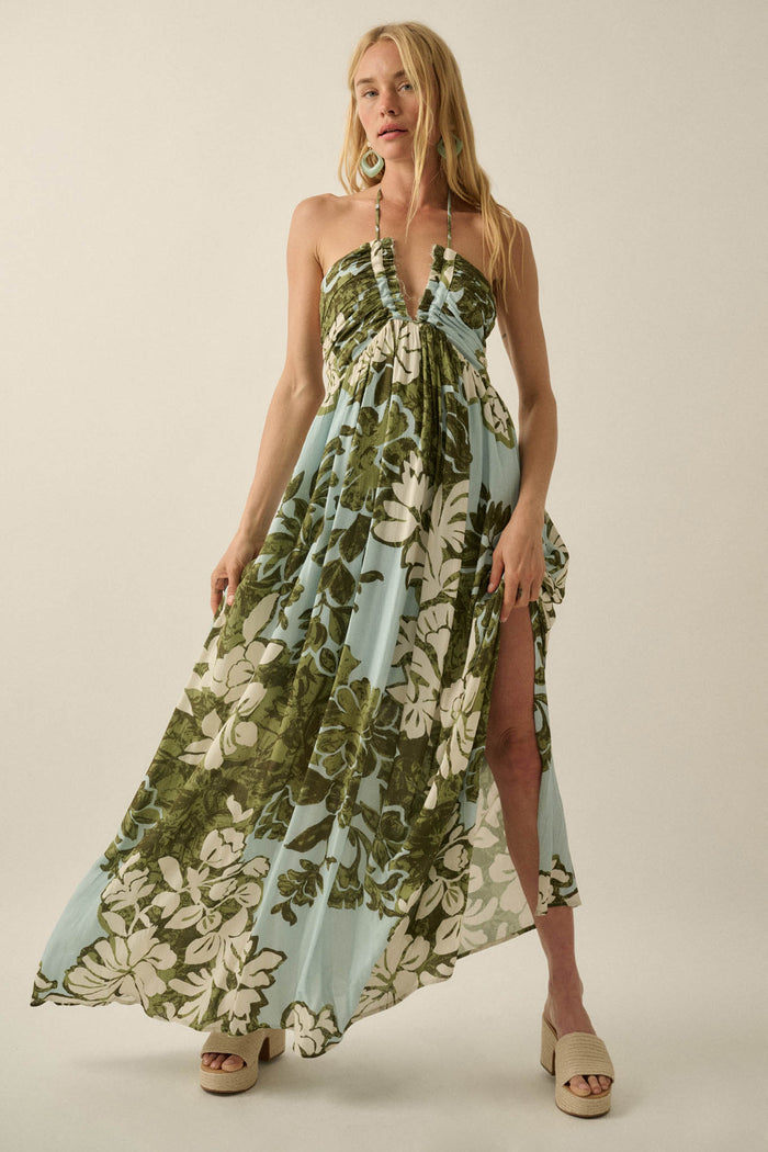 Jungle Beauty Leaf-Print Tie-Back Halter Maxi Dress - ShopPromesa