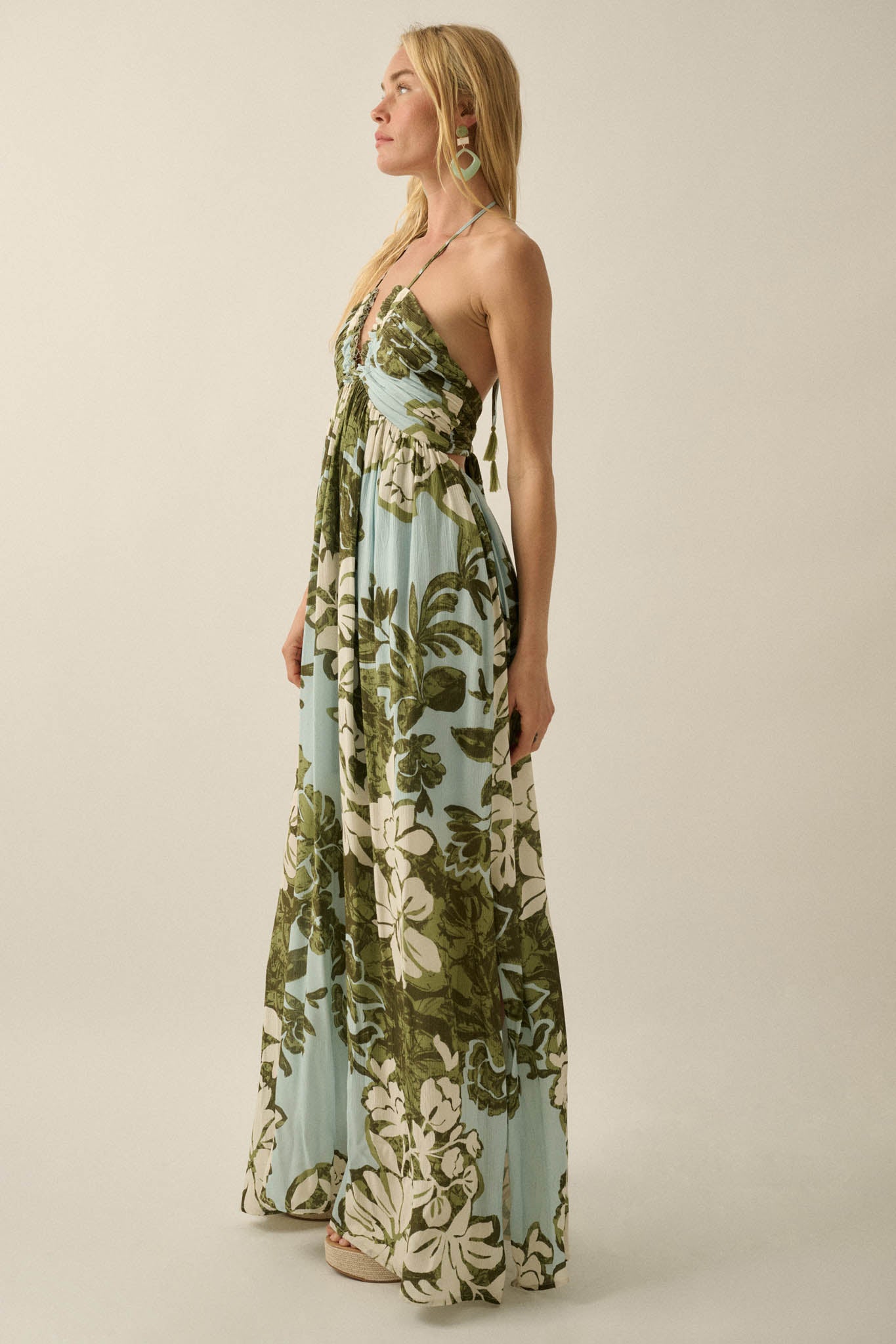 Jungle Beauty Leaf-Print Tie-Back Halter Maxi Dress - ShopPromesa