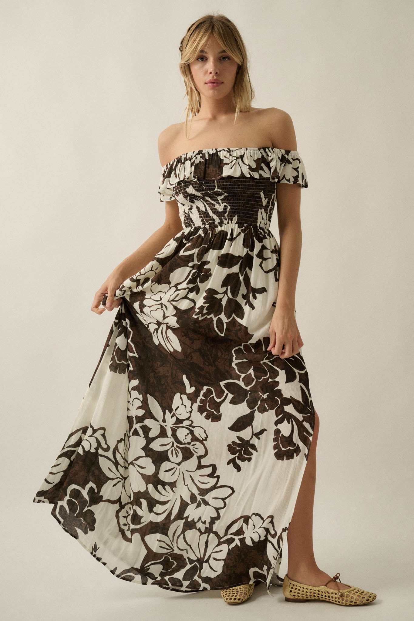Lost Jungle Leaf-Print Off-Shoulder Ruffle Maxi Dress - ShopPromesa
