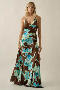 Iris Dreams Floral Satin Open-Back Maxi Dress - ShopPromesa