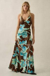 Iris Dreams Floral Satin Open-Back Maxi Dress - ShopPromesa