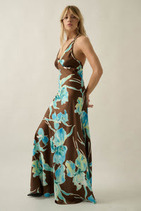Iris Dreams Floral Satin Open-Back Maxi Dress - ShopPromesa