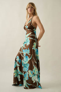 Iris Dreams Floral Satin Open-Back Maxi Dress - ShopPromesa