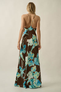 Iris Dreams Floral Satin Open-Back Maxi Dress - ShopPromesa