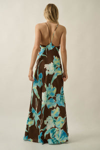 Iris Dreams Floral Satin Open-Back Maxi Dress - ShopPromesa