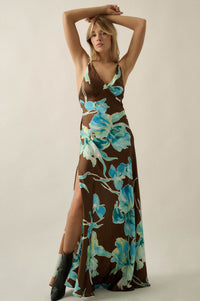Iris Dreams Floral Satin Open-Back Maxi Dress - ShopPromesa