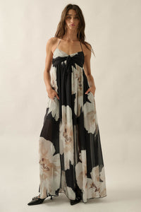 Painted Peonies Floral Chiffon Halter Maxi Dress - ShopPromesa