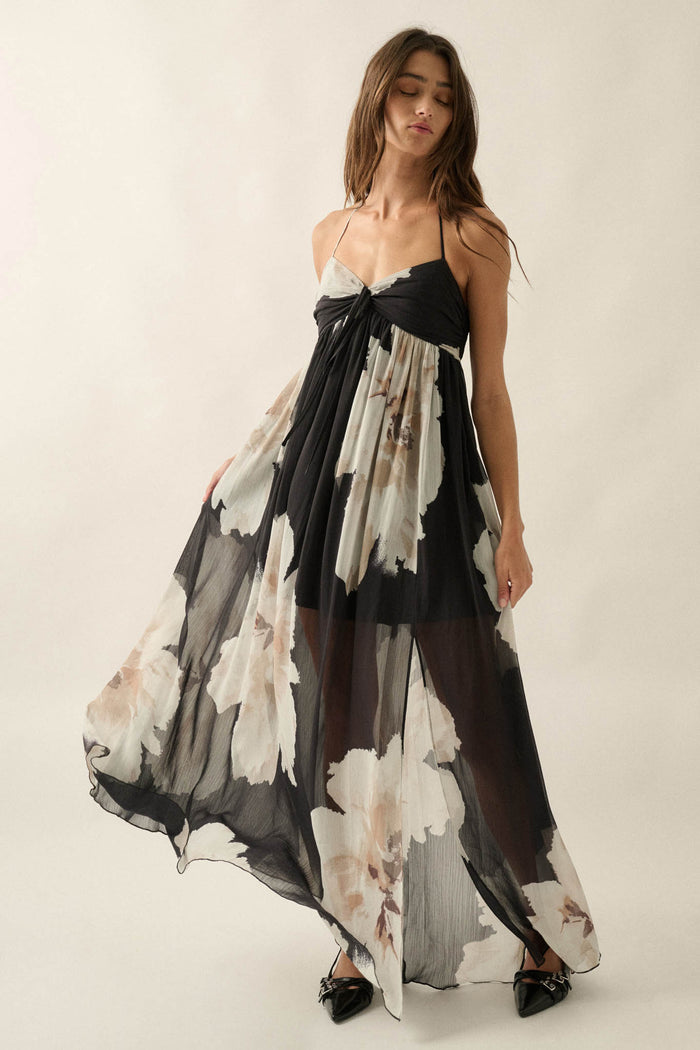 Painted Peonies Floral Chiffon Halter Maxi Dress - ShopPromesa