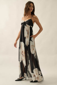 Painted Peonies Floral Chiffon Halter Maxi Dress - ShopPromesa