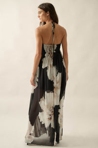 Painted Peonies Floral Chiffon Halter Maxi Dress - ShopPromesa