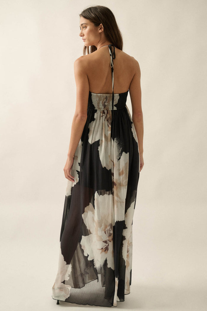 Painted Peonies Floral Chiffon Halter Maxi Dress - ShopPromesa