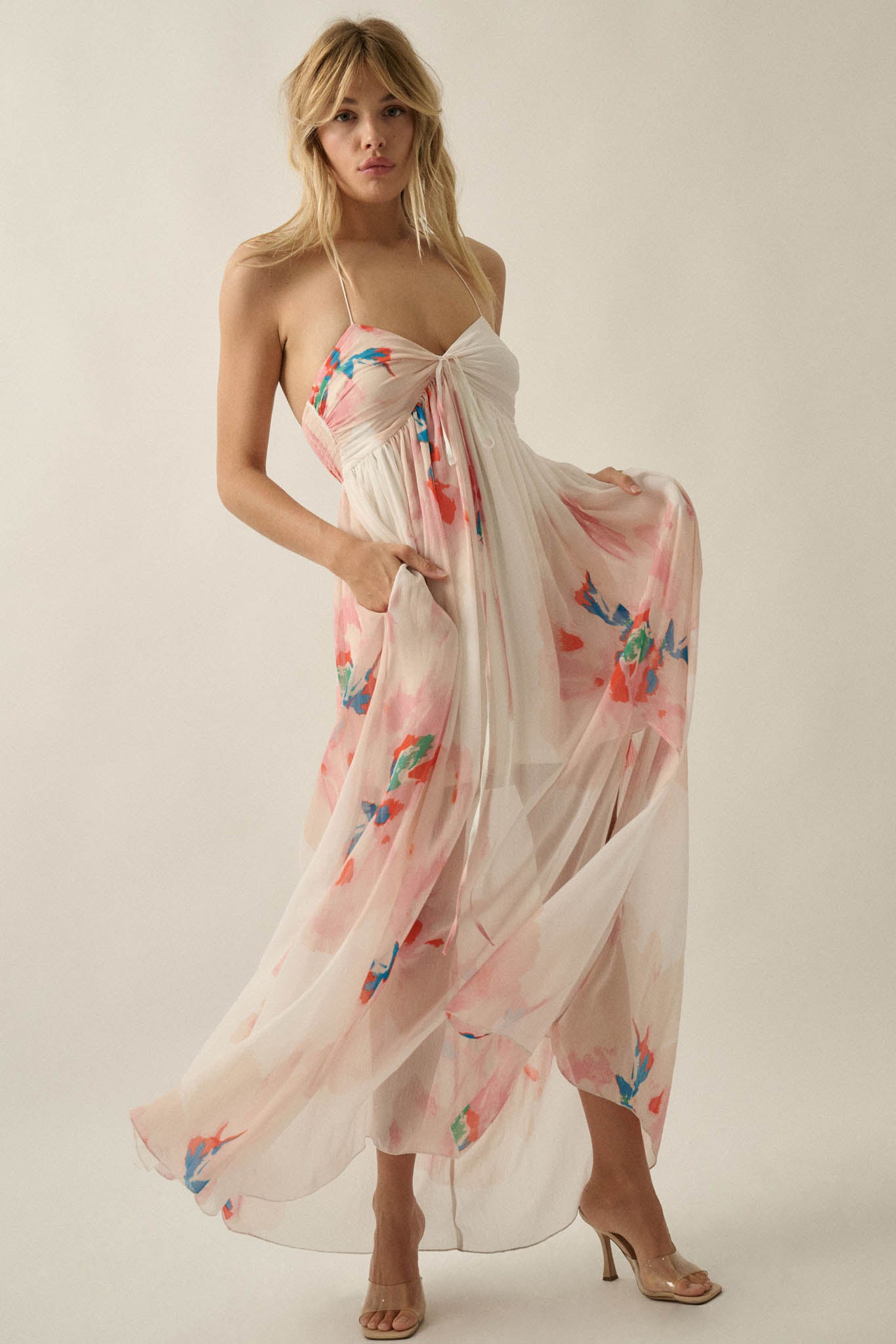 Painted Peonies Floral Chiffon Halter Maxi Dress - ShopPromesa