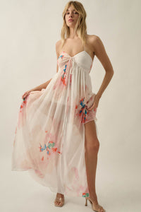 Painted Peonies Floral Chiffon Halter Maxi Dress - ShopPromesa