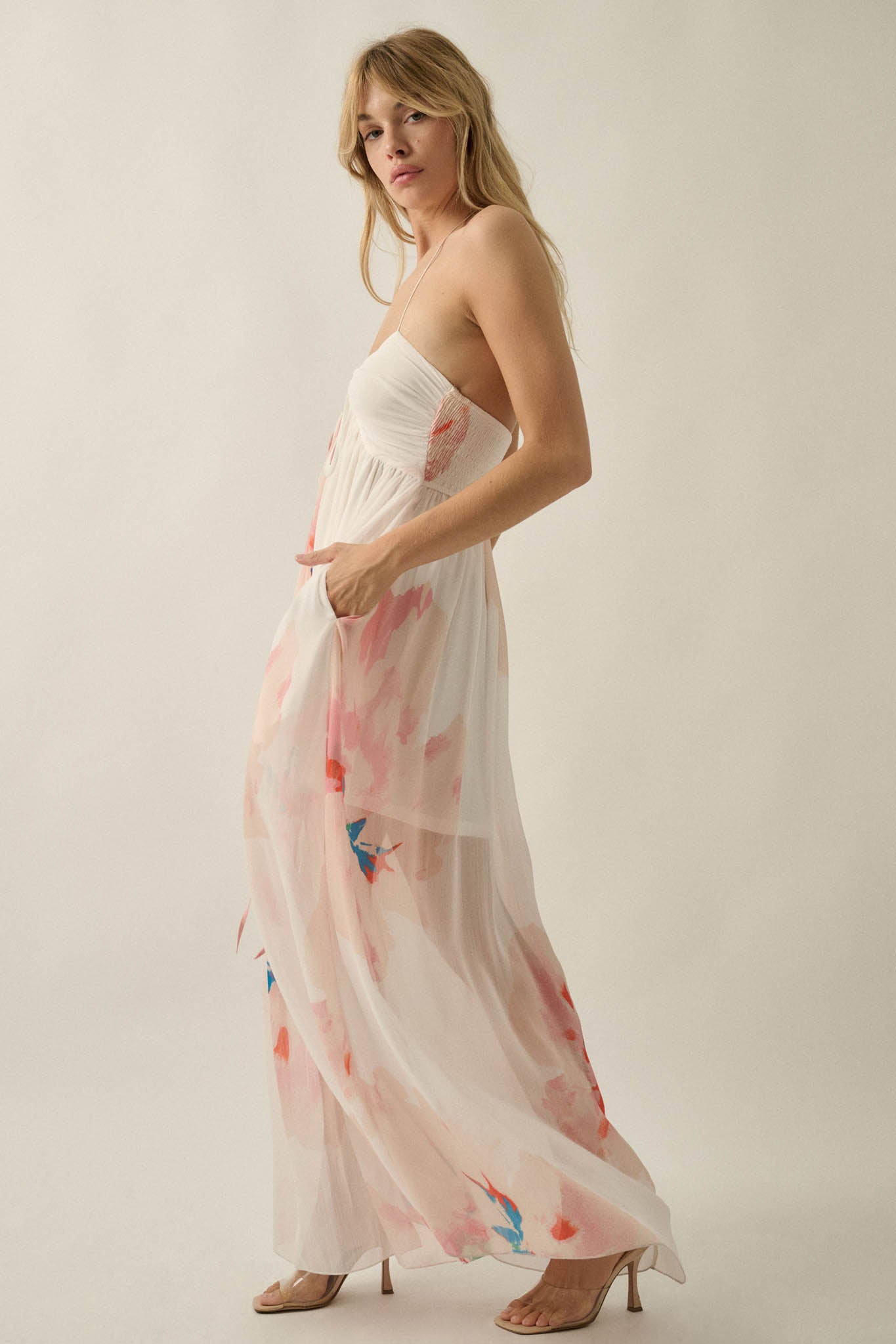 Painted Peonies Floral Chiffon Halter Maxi Dress - ShopPromesa
